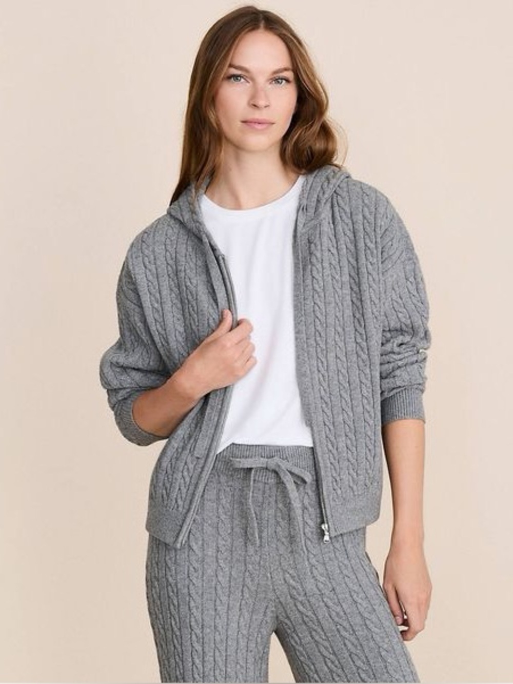 Ann Taylor LOFT Lou & Gray Size L Soft Cable Knit Gray Hoodie Sweater Soft Cozy